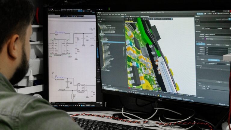 Man looking at circuit board design on computer screen.