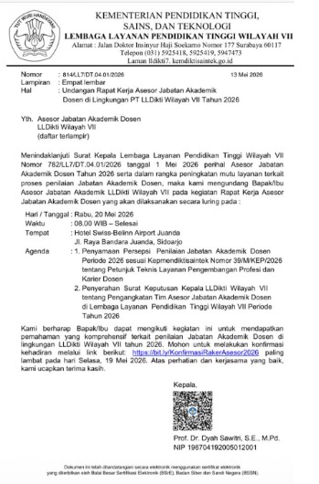 Asesor Jabatan Akademik LLDikti Wilayah VII: Dr. Ir. Evi Yuliawati S.T, M.T Dosen Teknik Industri ITATS