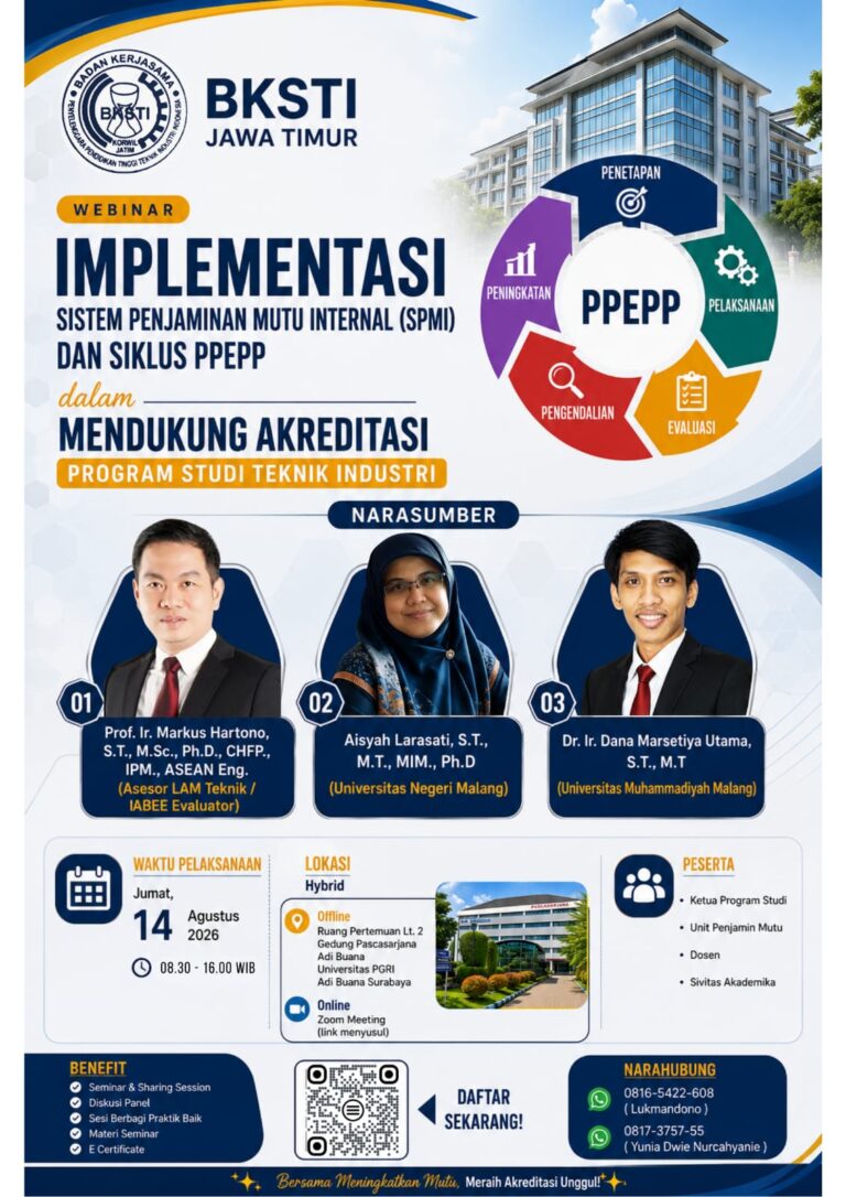 Perkuat Penjaminan Mutu Menuju Akreditasi Unggul, Dosen Teknik Industri ITATS Hadiri Workshop “Implementasi SPMI dan Siklus PPEPP BKSTI Jawa Timur”
